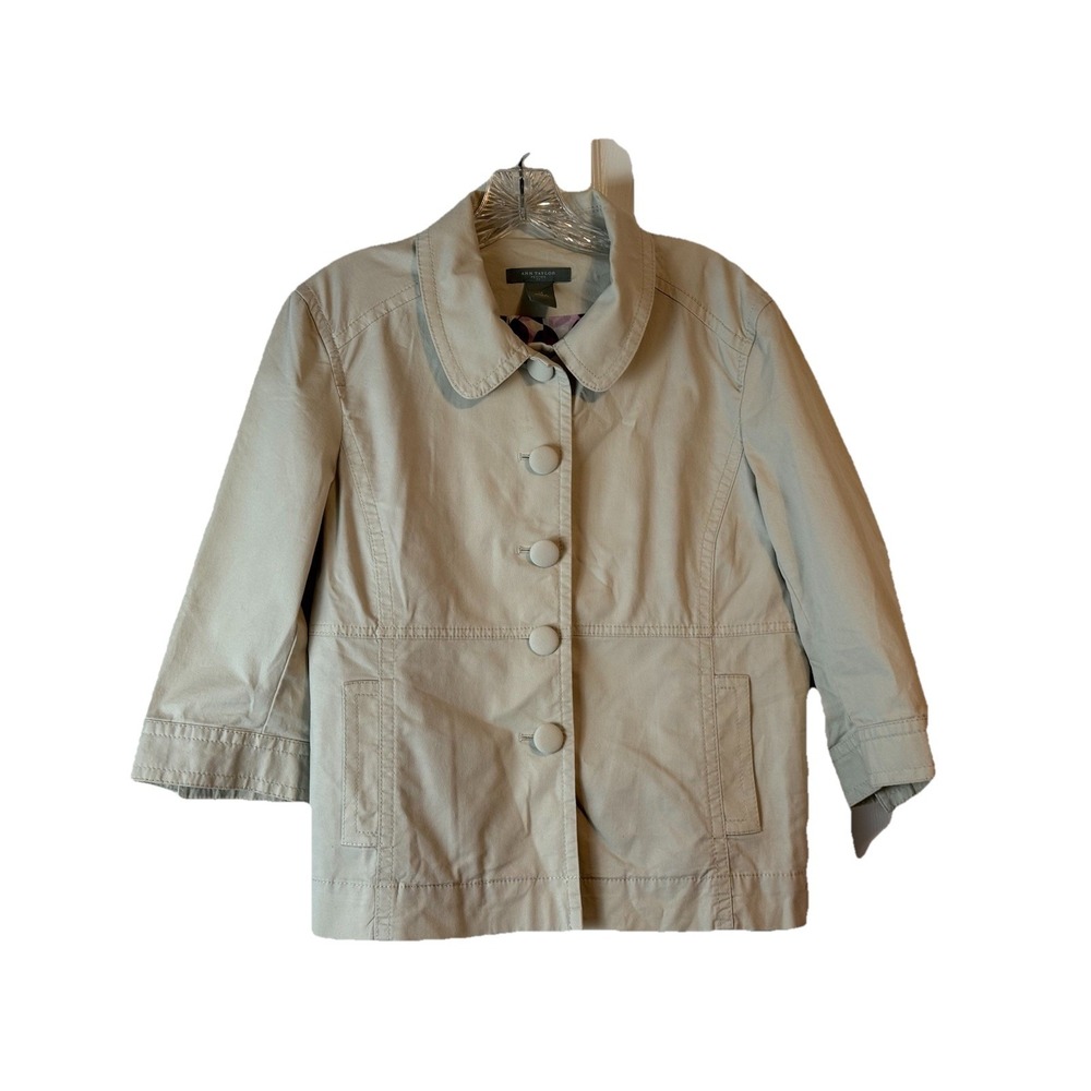 ANN TAYLOR Women's Beige Sz L Petite 3/4 Sleeve Button Up Summer READ